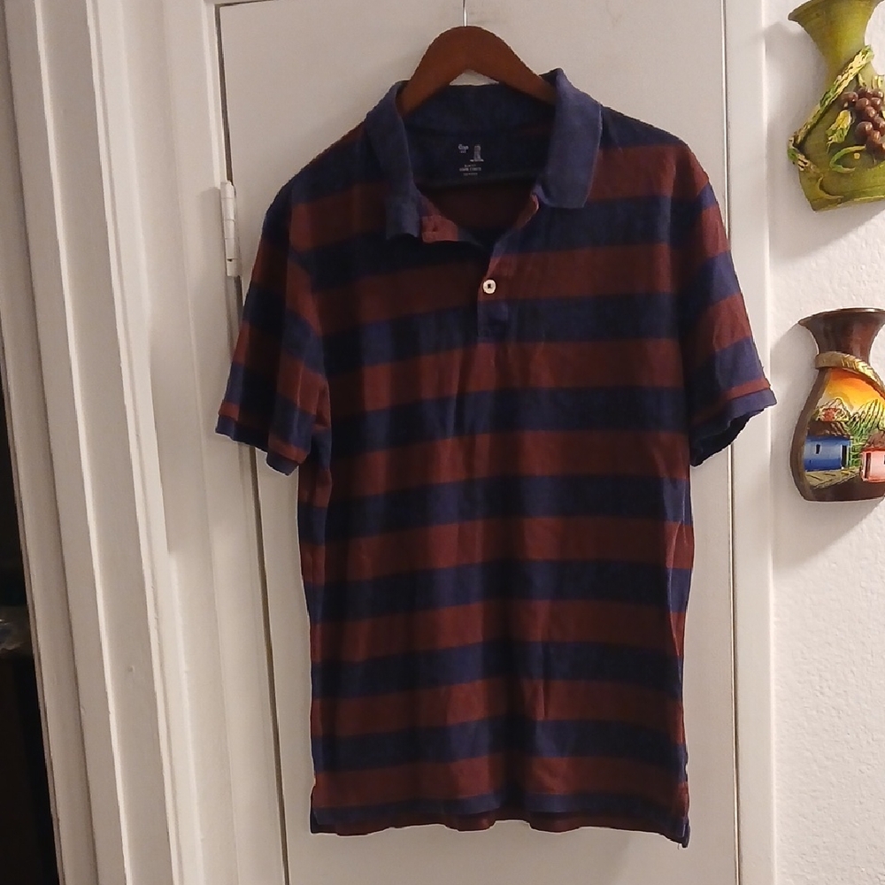 GAP Men's Polo Shirt - Navy and Maroon Stripes Slim Fit XL